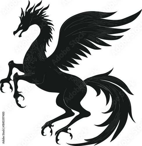 Fantasy winged creature silhouette with detailed feathers and talons on transparent background