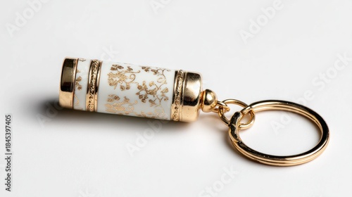 A decorative gold and white keychain with floral patterns rests on a white background.