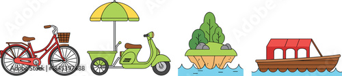 Whimsical illustrations of bicycle, scooter cart, floating island, and boat with canopy showcasing travel and nature exploration themes