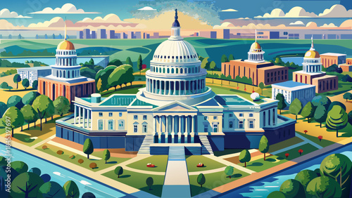 Very beautiful aerial view of the United States Capitol showcasing its iconic dome and surrounding landmarks on a clear day, balanced composition, crisp details, and elegant vector illustration.