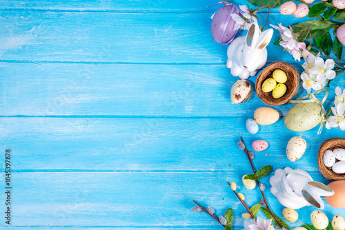 Spring Easter holiday top view flat lay background