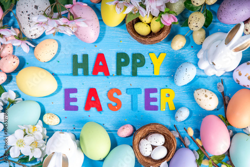 Spring Easter holiday top view flat lay background