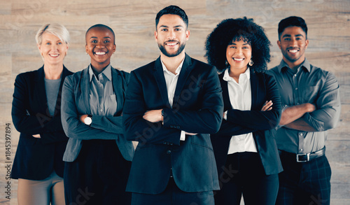 Bild auf Leinwand Employee, people and happy with arms crossed in portrait for teamwork or collaboration in office as accountant