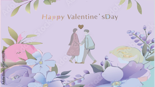 Loving couple walking hand in hand on romantic valentine's day surrounded by beautiful flowers and leaves on soft purple background