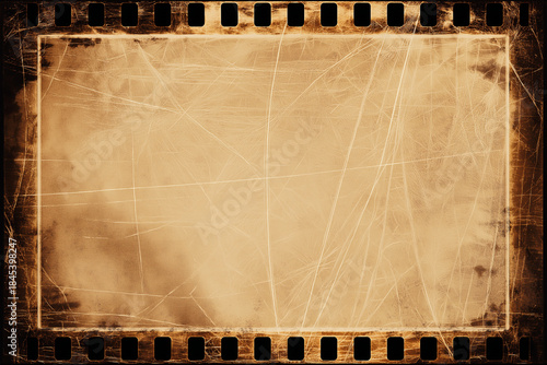 Heavily distressed vintage 35mm film frame background in warm sepia tones, scratched and worn texture with sprocket holes, blank center copy space for photo overlay, retro cinema template, grunge bord