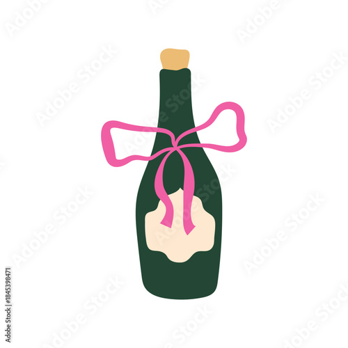 Champagne bottle vector illustration. Dark green glass wine bottle with pink ribbon bow isolated on white background. Festive alcoholic drink for Christmas celebration, wedding, Birthday party