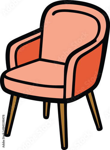Cartoon illustration of a pink armchair with dark wooden legs