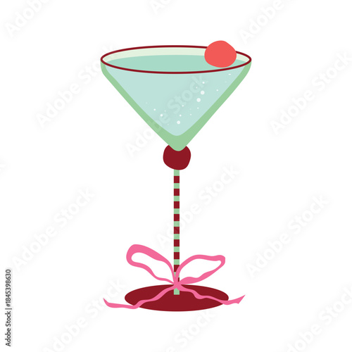 Cocktail glass vector illustration. Martini glass with alcoholic drink, cherry garnish, ribbon bow isolated on white background. Holiday drinkware for party, Christmas, celebration in flat style