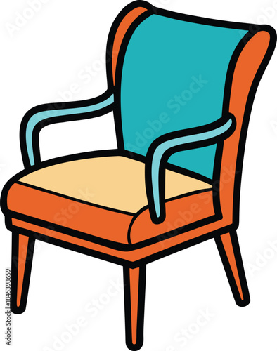 Colorful cartoon armchair illustration with orange frame and teal backrest