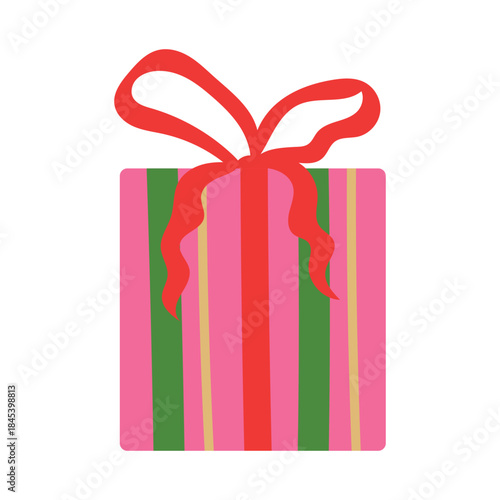 Cute gift box vector illustration. Pink present with stripes and ribbon bow isolated on white background. Festive design for Christmas, birthday celebration, kids party in flat hand drawn style