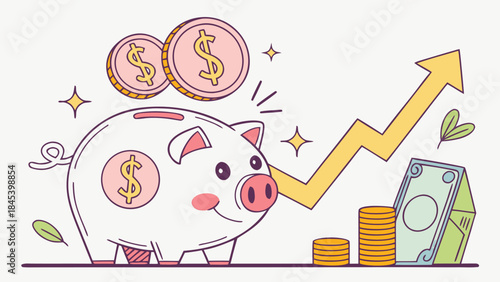 Cute piggy bank with coins and money, investment savings and financial growth concept, flat vector illustration
