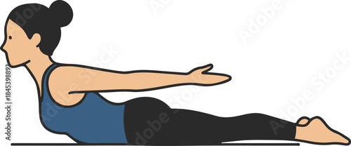 Vector illustration of a woman performing the Locust yoga pose (Salabhasana), lying on her stomach and stretching her arms and chest upward.