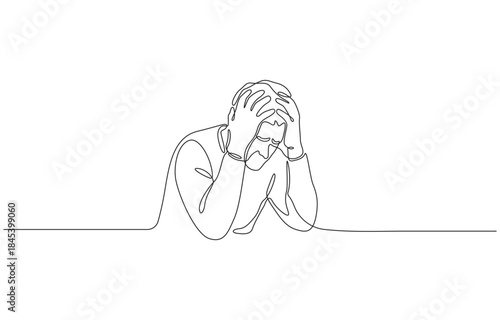 Continuous one line Drawing of a person holding their head in distress, single line vector illustration, isolated on transparent background.
