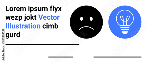Problem-solving, innovation, creativity, emotions, brainstorming, visual communication. A sad face icon and a light bulb symbol side by side. Problem-solving and innovation concept