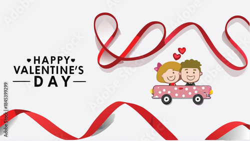 Loving couple enjoys peaceful drive together on valentine's day with red ribbon