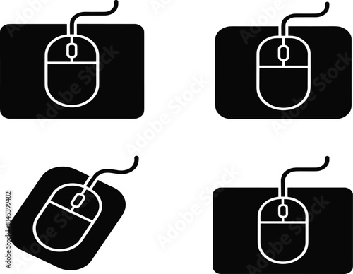 Minimalist Black Silhouette Vector Icon Set of a Computer Mouse on a Mousepad, Featuring a Wired Optical Mouse in Various Orientations, Ideal for Technology, Gaming, and PC Peripheral Graphics.