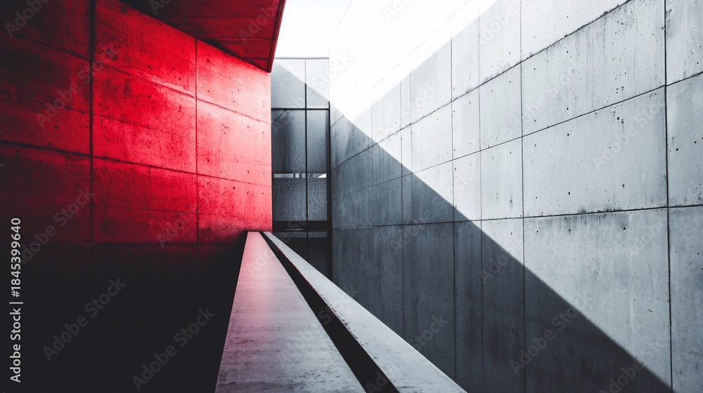 Fototapeta premium Stark Concrete Geometry Red Wall Shadow Play and Modern Architecture.