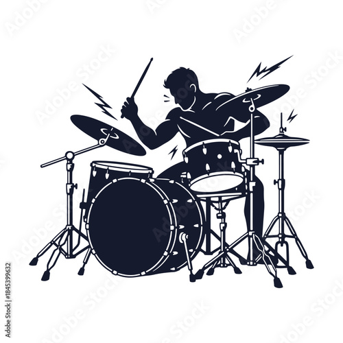 Silhouette of rock drummer playing drum kit with energy and passion vector illustration