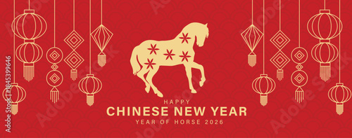 2026, New Year celebration. 2026 Chinese New Year gold Elements horse silhouette, lanterns and golden 2026 text. Year of Horse celebration.
