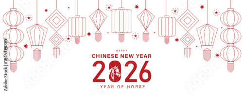2026, New Year celebration. 2026 Chinese New Year gold Elements horse silhouette, lanterns and golden 2026 text. Year of Horse celebration.
