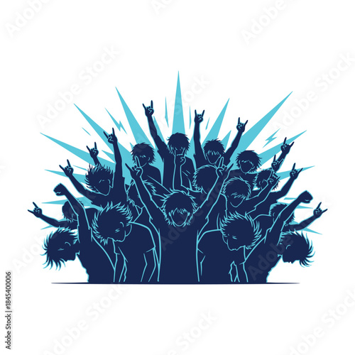 Silhouette crowd of people at rock concert with hands raised up high vector illustration
