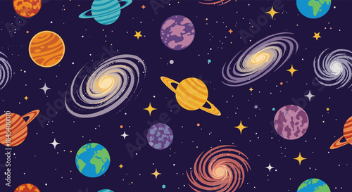 Colorful space pattern featuring planets spirals galaxies and stars across a dark navy background suitable for cosmic themed designs.