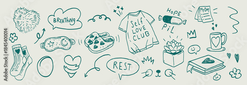 Self-Care and Mental Wellness Doodle Set – Hand-Drawn Cozy Icons with Socks, Breathing, Rest Signs, Self-Love Elements, Planner, Pills, Plants, Books and Relaxing Home Comfort Illustrations.