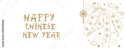 2026, New Year celebration. 2026 Chinese New Year gold Elements horse silhouette, lanterns and golden 2026 text. Year of Horse celebration.