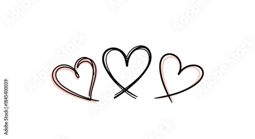 Three sketchy hearts in pink and black float across a bright white background forming a playful trio of love symbols that conveys warmth and affection.