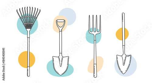 Garden tools line up including a rake a hand trowel a pitchfork and a spade with colorful circles in the background in soft pastel tones and light shadows.