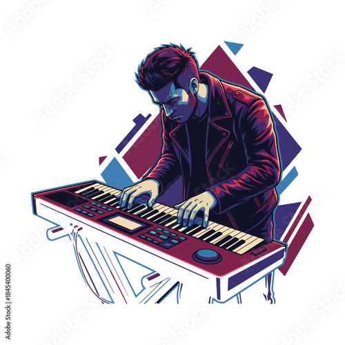 Musician playing electronic keyboard synthesizer in modern pop style vector illustration