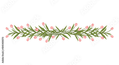 Delicate botanical garland of green stems and pink buds arranged in a continuous decorative strip across a white background ready for weddings and spring decor.