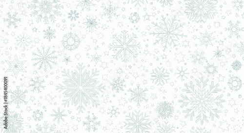 Delicate field of light blue snowflakes decorates a frosty background with intricate star shapes and subtle icy patterns.