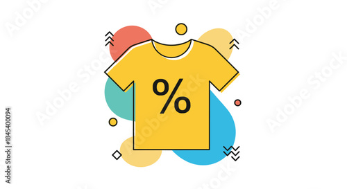 Bright yellow T shirt icon illustrates a percentage discount with abstract colorful shapes in the background suggesting a sale promotion.