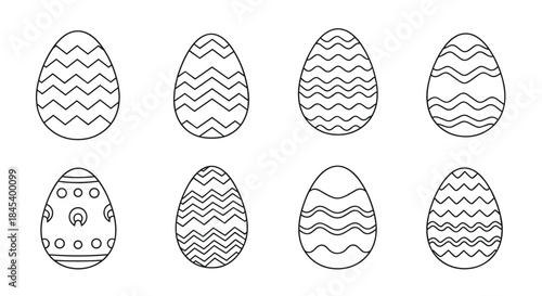 Collection of illustrated Easter eggs decorated with wavy zigzag and dot patterns arranged in two neat rows for decorative display.