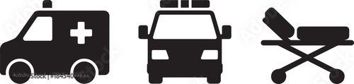 Ambulance vehicle side view, front view, and medical stretcher icons for emergency services