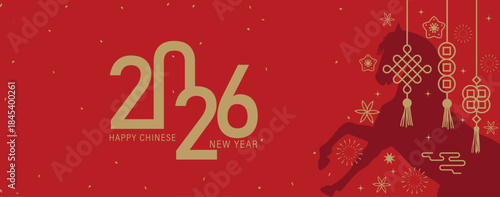 2026, New Year celebration. 2026 Chinese New Year gold Elements horse silhouette, lanterns and golden 2026 text. Year of Horse celebration.