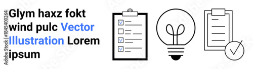 Productivity, brainstorming, innovation, planning, organization, workflow management. Checklist, light bulb clipboard with checkmark in a minimalist line style. Productivity and brainstorming