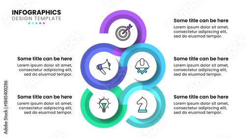 Infographic template. 5 connected circles with icons and text