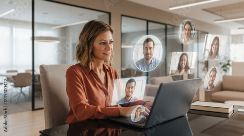 Businesswoman Leading Virtual Team Collaboration in Modern Office