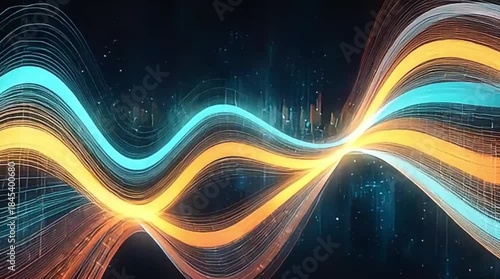Abstract background featuring intertwined, vibrant orange, yellow, and blue glowing lines symbolizing data flow and digital connectivity in a dark, textured space.
