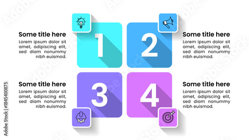 Infographic template. 4 squares with numbers and icons