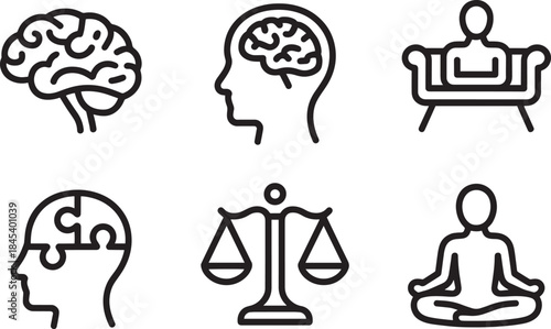 Brain and human head with puzzle pieces, balance scale, and meditating person