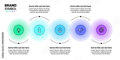 Infographic template. Glowing circles with 5 steps and icons