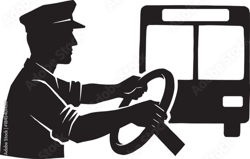 Bus driver profile view with hands on steering wheel in a public transportation vehicle