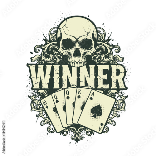 Gambling skull with winner typography and playing cards royal flush vector illustration
