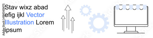 Digital innovation, technology integration, web design, progress, automation, data analysis. Arrows, gear icons monitor text blocks. Digital innovation and technology integration concept