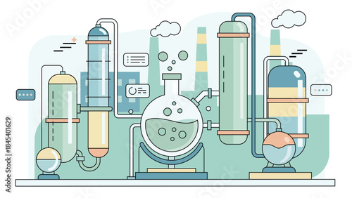 Industrial chemical processing system showing laboratory reactors pipes tanks and columns used in manufacturing research energy and science concepts