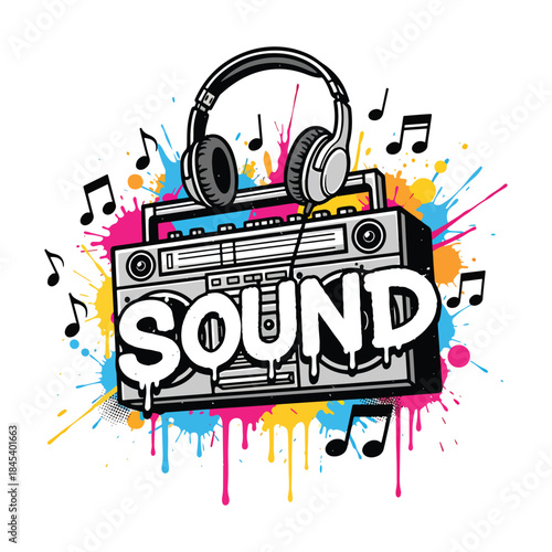 Colorful boombox radio with headphones and sound graffiti text art vector illustration