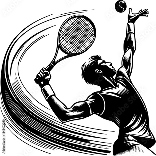 Tennis racket mid-serve with ball impact motion blur